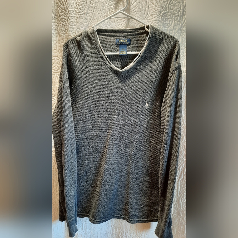 Polo by Ralph Lauren Men's Gray V-Neck Shirt Large Cotton Lightwwight Casul